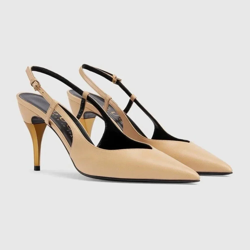 NEW Gucci Metal Heel Slingback Pumps Sz 37.5 100% Authentic Nude - Picture 2 of 10